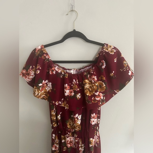 Altar’d State Burgundy/Maroon Floral Print On or Off the Shoulder Jumpsuit - Picture 3 of 15